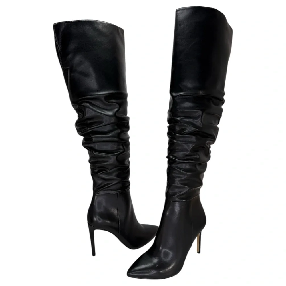 INC Iyonna Black Faux Leather Ruched Shaft OTK Heeled Womens Boots Size 8M